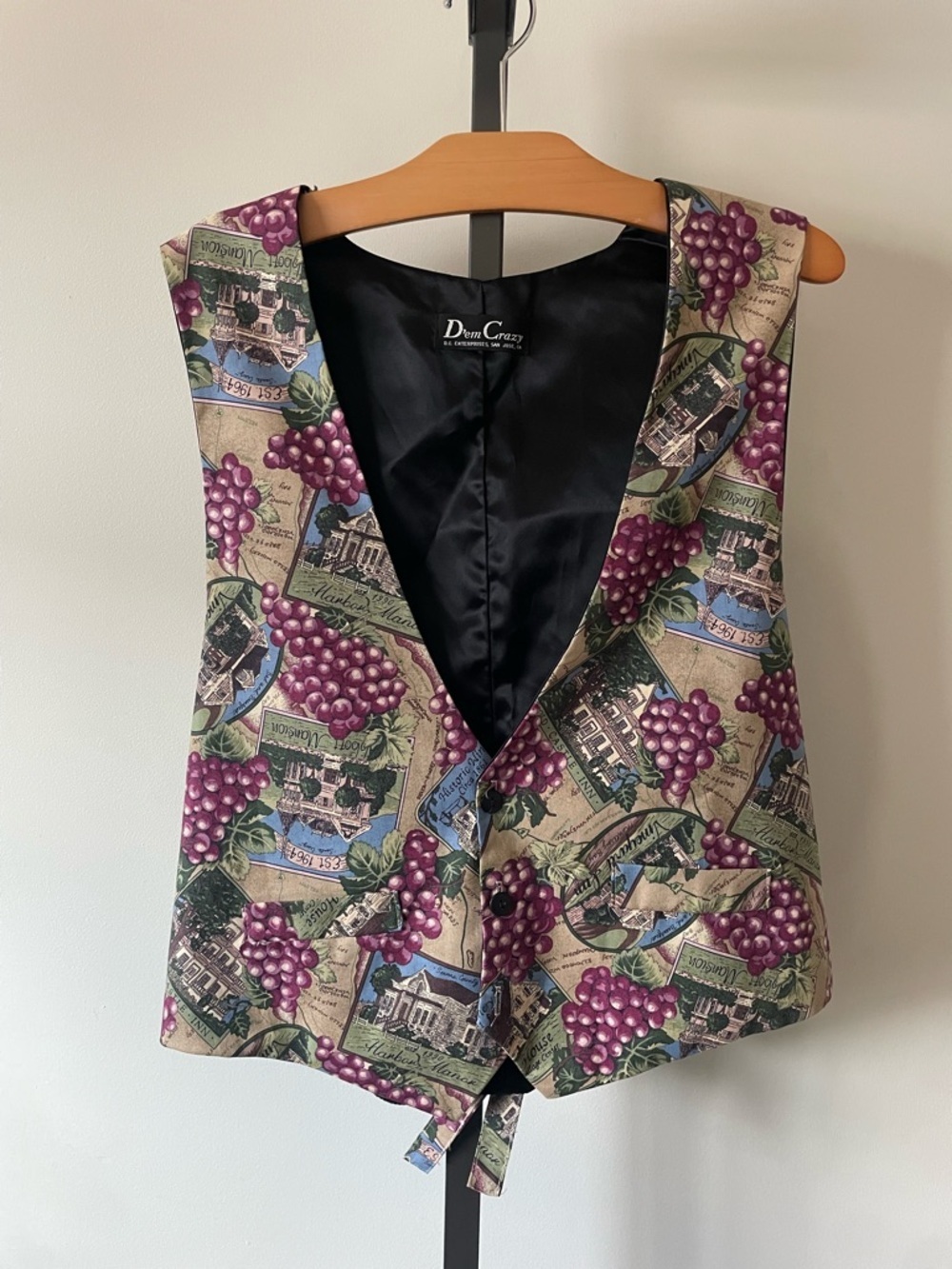 90s Vintage Dem Crazy Grape Print Vest Waistcoat Fruit Vineyard Wine Orchard